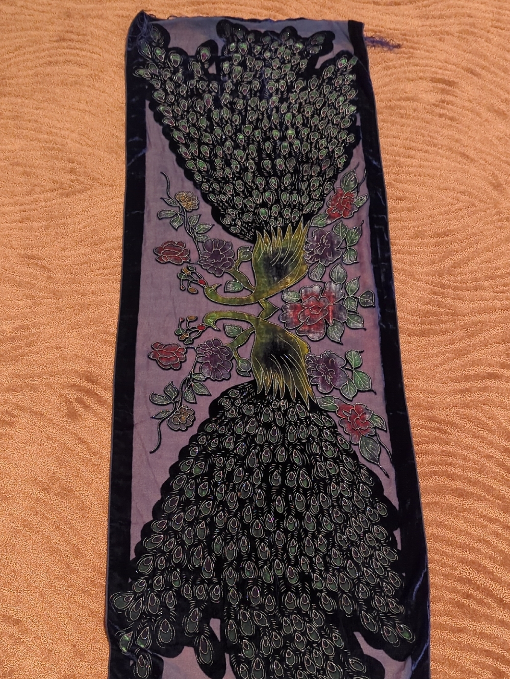 Velvet Peafowl Scarf with Floral Motif - Black & Purple